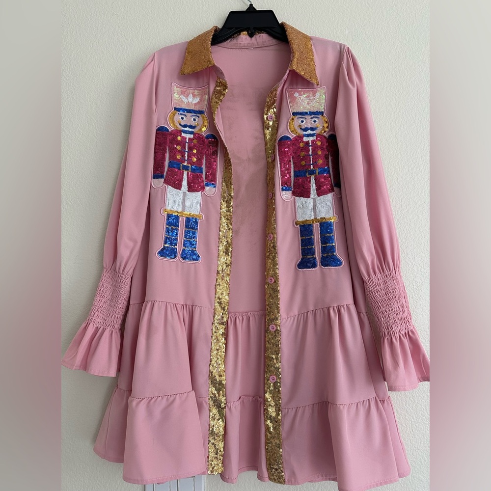 Pink Dress with Nutcracker Embroidery and Gold Accents